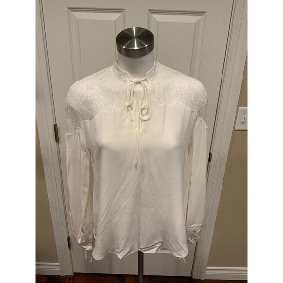AllSaints White Tie-Neck Long Sleeve Top w/ Lace Upper, Size Small - Picture 1 of 6